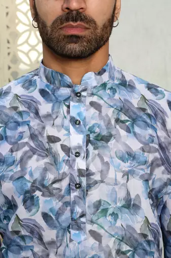 Leaf printed blue mandarin collor cotton summer kurta