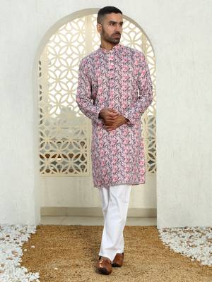 Leaf printed purple mandarin collor cotton summer kurta 1