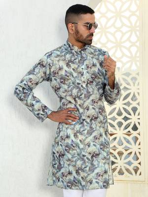 Leaf printed green mandarin collor cotton summer kurta 1
