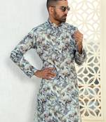 Leaf printed green mandarin collor cotton summer kurta