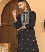 Zari embroidered cotton silk yoke design black kurta