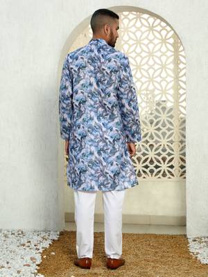 Leaf printed blue mandarin collor cotton summer kurta 4