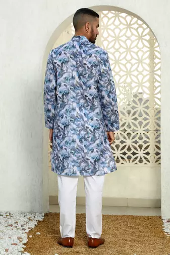 Leaf printed blue mandarin collor cotton summer kurta
