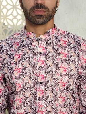 Leaf printed purple mandarin collor cotton summer kurta 3