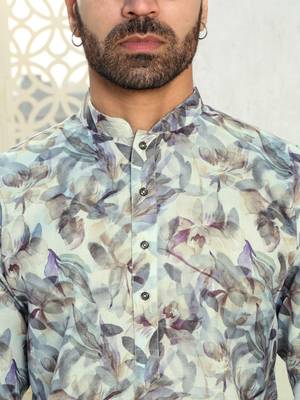 Leaf printed green mandarin collor cotton summer kurta 2
