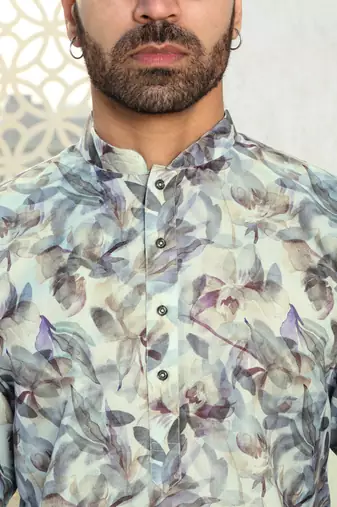 Leaf printed green mandarin collor cotton summer kurta