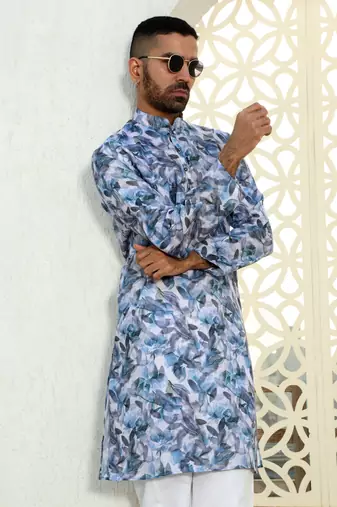Leaf printed blue mandarin collor cotton summer kurta