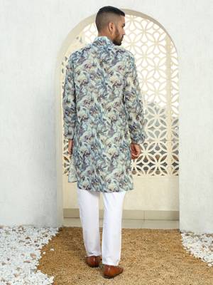 Leaf printed green mandarin collor cotton summer kurta 3