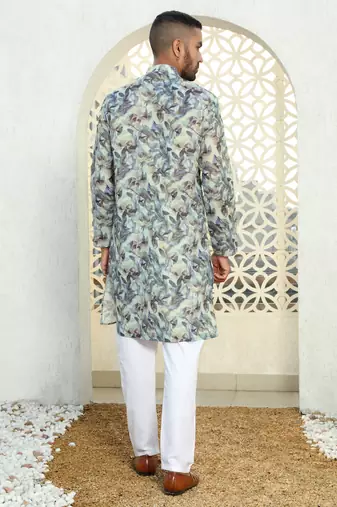 Leaf printed green mandarin collor cotton summer kurta