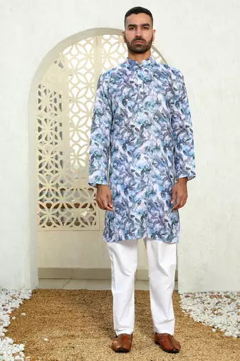 Leaf printed blue mandarin collor cotton summer kurta