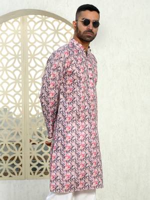 Leaf printed purple mandarin collor cotton summer kurta 5