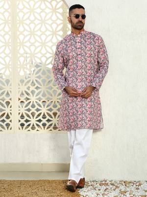 Leaf printed purple mandarin collor cotton summer kurta 6