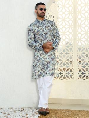 Leaf printed green mandarin collor cotton summer kurta 4