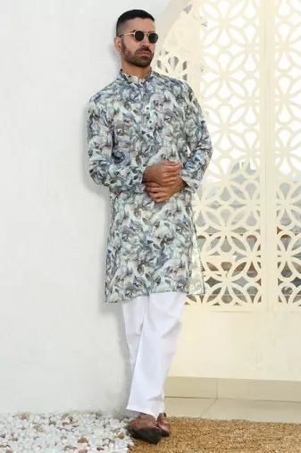 Leaf printed green mandarin collor cotton summer kurta