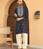 Zari embroidered cotton silk yoke design navy blue kurta