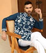 Ethnic motifs embroidered georgette blue kurta