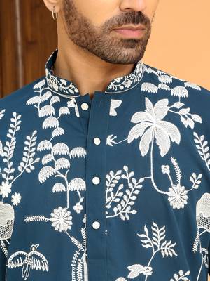Ethnic motifs embroidered georgette blue kurta 2