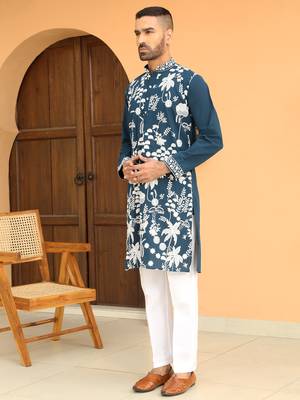Ethnic motifs embroidered georgette blue kurta 5