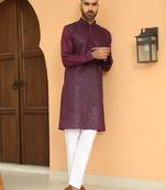 Cotton silk chevron embroidered mandarin collor maroon kurta