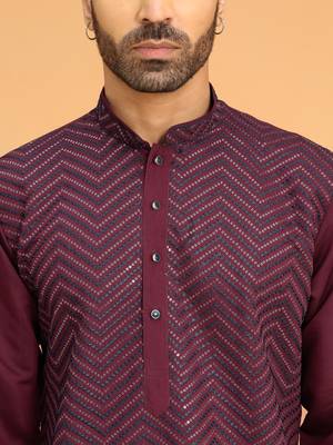 Cotton silk chevron embroidered mandarin collor maroon kurta 2