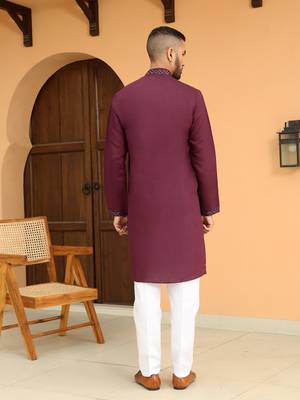 Cotton silk chevron embroidered mandarin collor maroon kurta 3