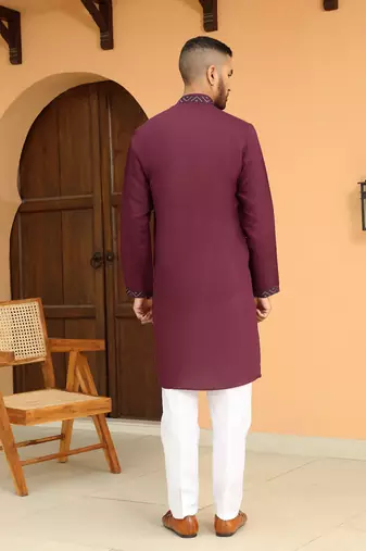 Cotton silk chevron embroidered mandarin collor maroon kurta
