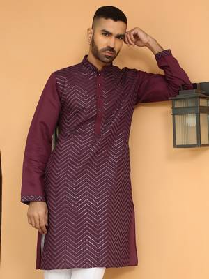 Cotton silk chevron embroidered mandarin collor maroon kurta 4