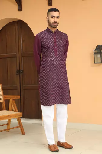 Cotton silk chevron embroidered mandarin collor maroon kurta