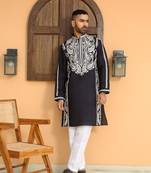 Cotton silk embroidered paisley mandarin collor navy blue kurta
