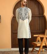 Cotton silk embroidered paisley mandarin collor cream kurta