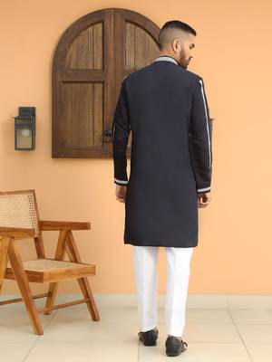 Cotton silk embroidered paisley mandarin collor navy blue kurta 3