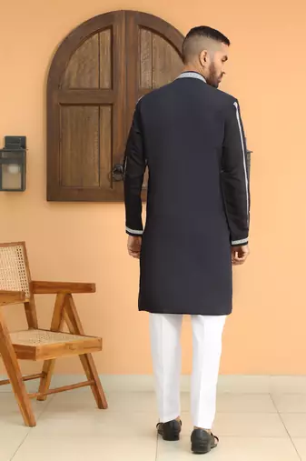 Cotton silk embroidered paisley mandarin collor navy blue kurta