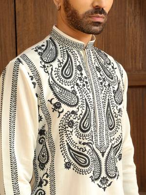 Cotton silk embroidered paisley mandarin collor cream kurta 2