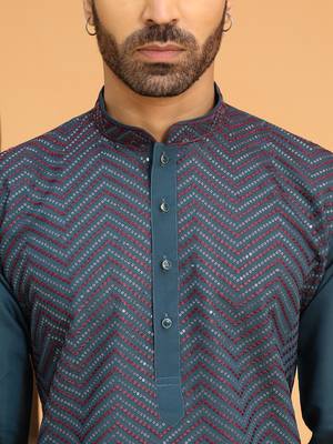 Cotton silk chevron embroidered mandarin collor blue kurta 3