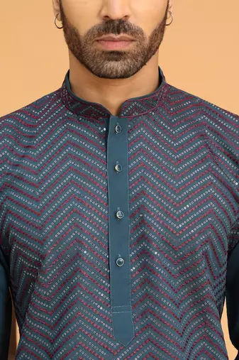 Cotton silk chevron embroidered mandarin collor blue kurta