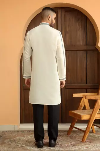 Cotton silk embroidered paisley mandarin collor cream kurta