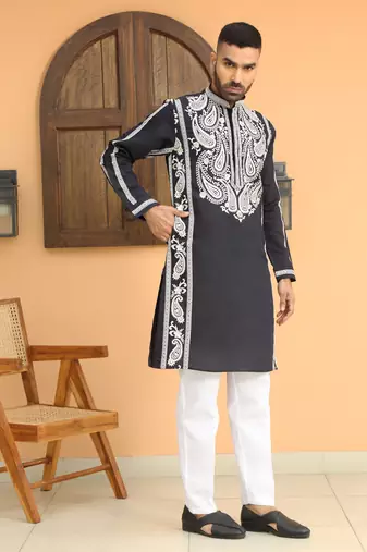 Cotton silk embroidered paisley mandarin collor navy blue kurta