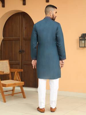 Cotton silk chevron embroidered mandarin collor blue kurta 4