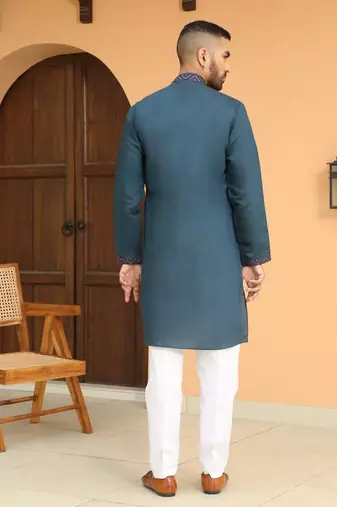 Cotton silk chevron embroidered mandarin collor blue kurta