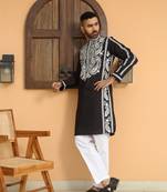Cotton silk embroidered paisley mandarin collor black kurta