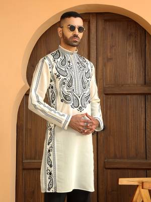 Cotton silk embroidered paisley mandarin collor cream kurta 4