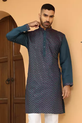 Cotton silk chevron embroidered mandarin collor blue kurta