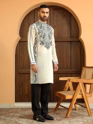 Cotton silk embroidered paisley mandarin collor cream kurta 5