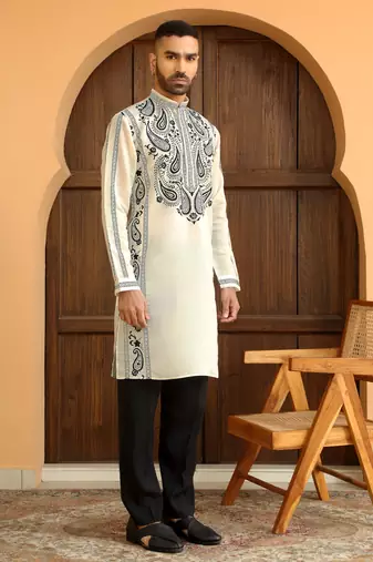 Cotton silk embroidered paisley mandarin collor cream kurta
