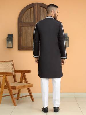 Cotton silk embroidered paisley mandarin collor black kurta 3