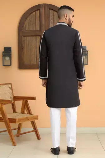 Cotton silk embroidered paisley mandarin collor black kurta
