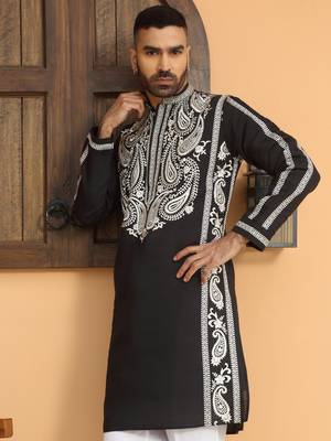 Cotton silk embroidered paisley mandarin collor black kurta 5