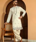 Cotton silk embroidered yoke design mandarin collor cream kurta