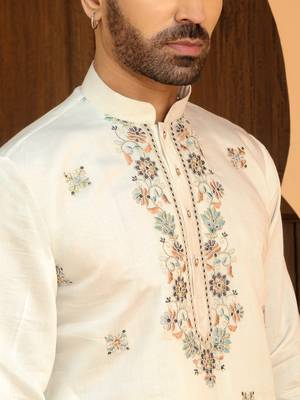Cotton silk embroidered yoke design mandarin collor cream kurta 3