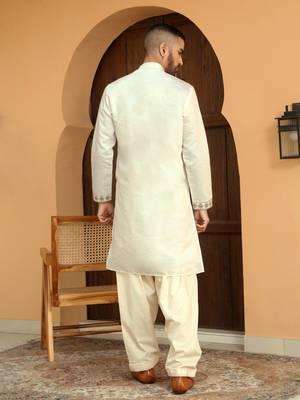 Cotton silk embroidered yoke design mandarin collor cream kurta 4